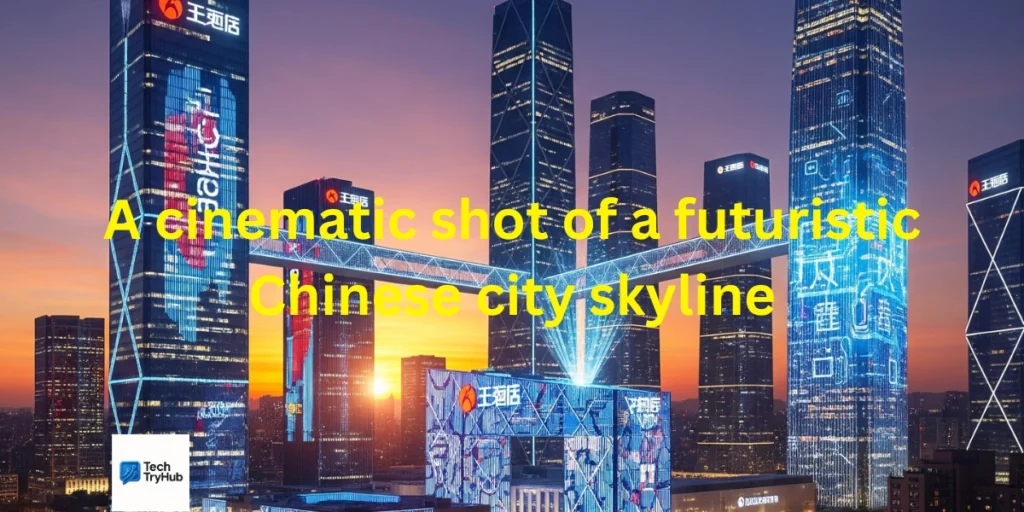 A cinematic shot of a futuristic Chinese city skyline at dusk, with towering skyscrapers lit by vibrant neon lights.