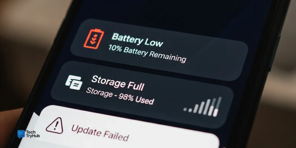 A close-up of a phone screen with alerts for low battery, full storage, and a failed update.