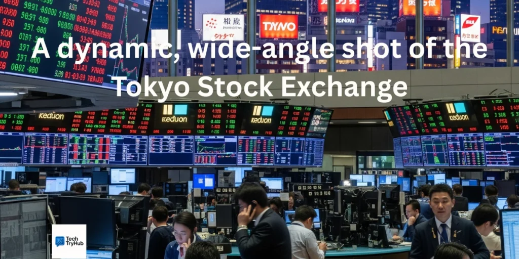 A dynamic, wide-angle shot of the Tokyo Stock Exchange floor with bustling traders, large digital tickers, and a neon-lit city background.