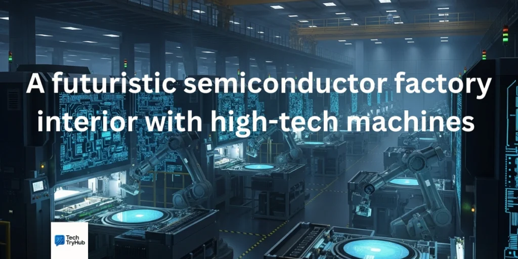 A futuristic semiconductor factory interior with high-tech machines and glowing circuits.