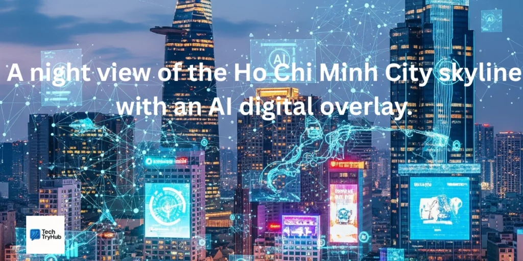  A night view of the Ho Chi Minh City skyline with an AI digital overlay.