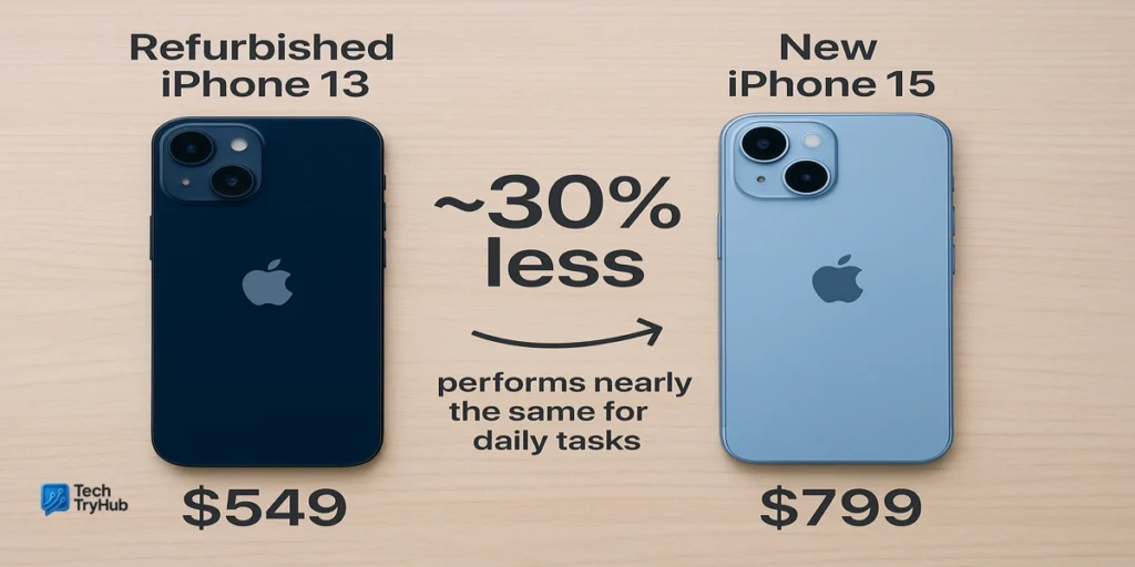 A side-by-side photo comparison of a refurbished iPhone 13 and a new iPhone 15, showing the refurbished model is cheaper but performs similarly.