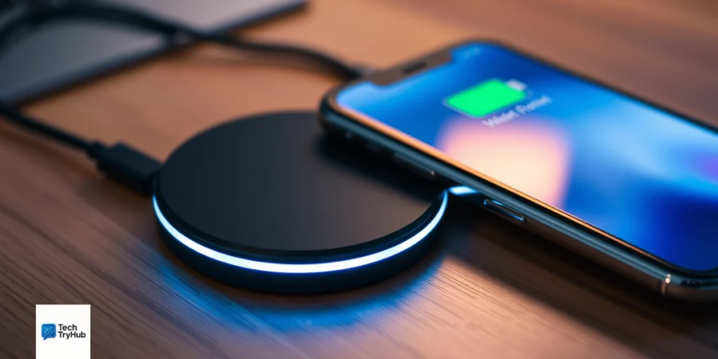 A smartphone charging wirelessly on a glowing pad with visible heat waves rising from it.