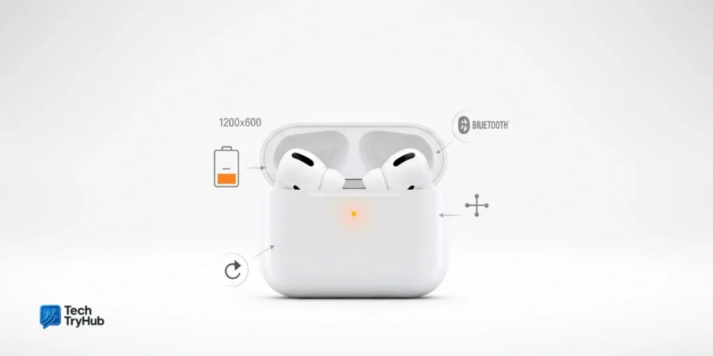 AirPods case flashing orange light with troubleshooting icons on white background