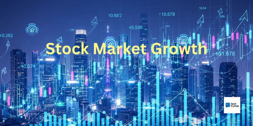 Asia tech stock market growth with city skylines, AI circuits, and rising stock graphs