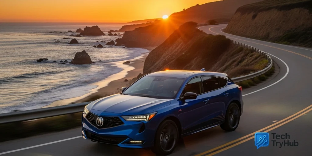 Electric blue Acura ZDX on coastal road at sunset