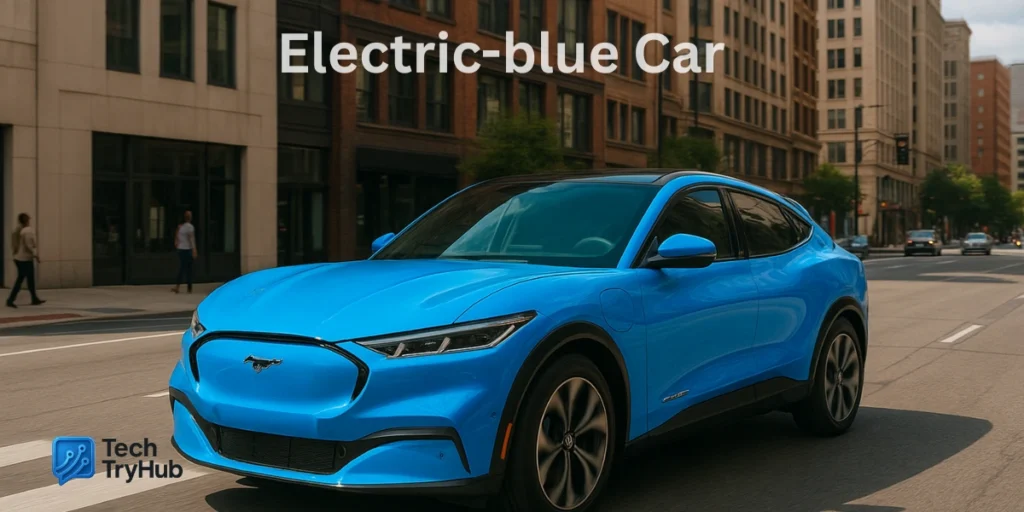 Electric-blue Ford Mustang Mach-E driving through a vibrant city street, showcasing its glossy finish and modern EV design against an urban backdrop