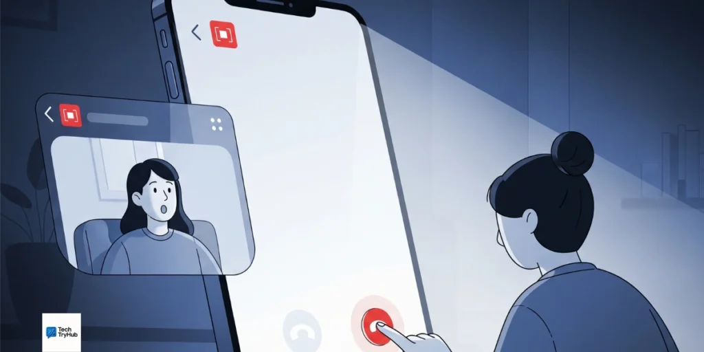 FaceTime video call with hidden screen recording symbol.