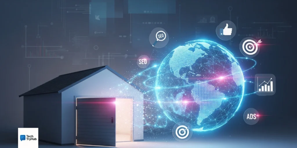 Garage2Global concept showing business growth from garage startup to global online presence.