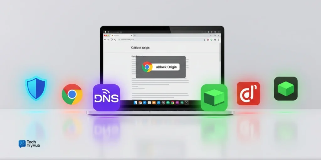 Google Chrome showing uBlock Origin disabled with alternative ad blocker icons as replacements.