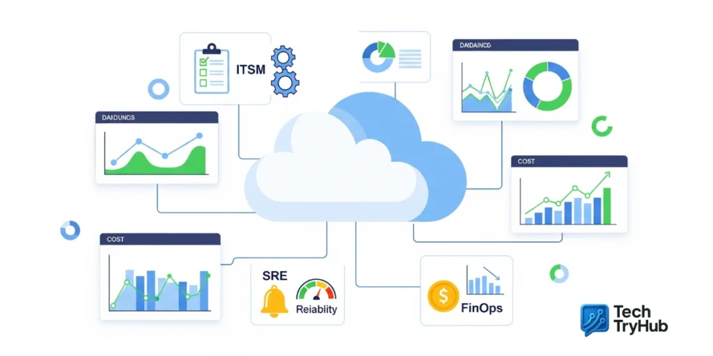 Illustration of cloud computing service management with a cloud icon linked to dashboards, cost charts, and reliability metrics, representing ITSM, SRE, and FinOps integration