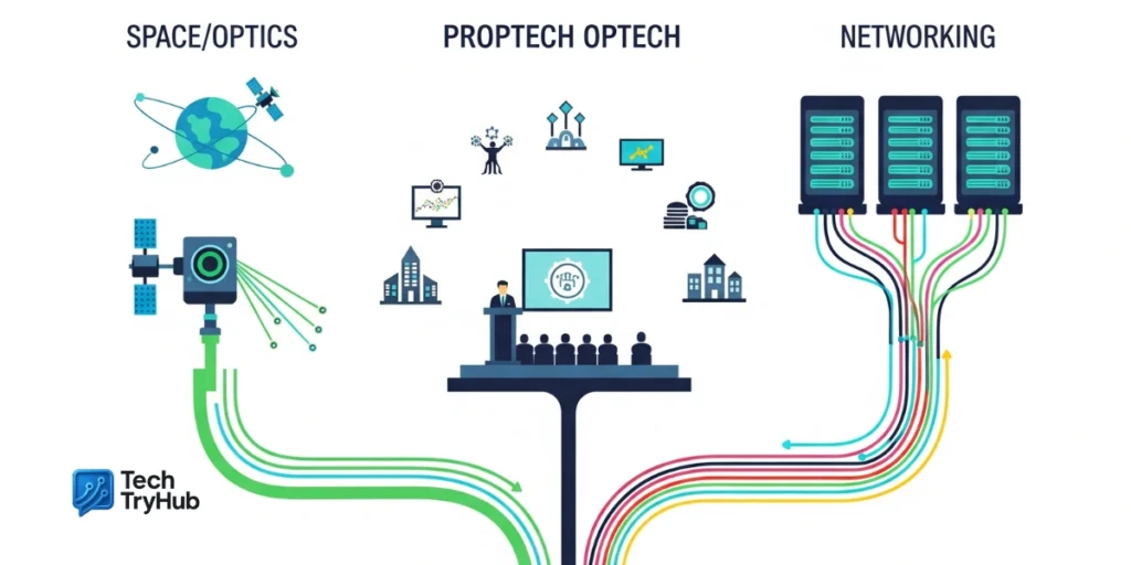 Infographic cover showing space tech, proptech conference, and data center networking paths for otvptech