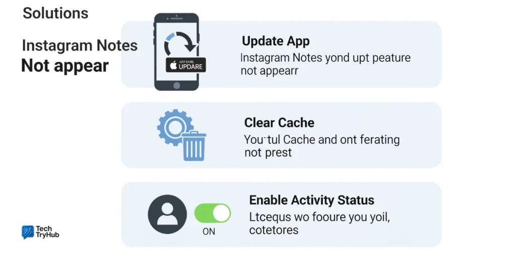 Infographic showing Instagram notes troubleshooting steps.