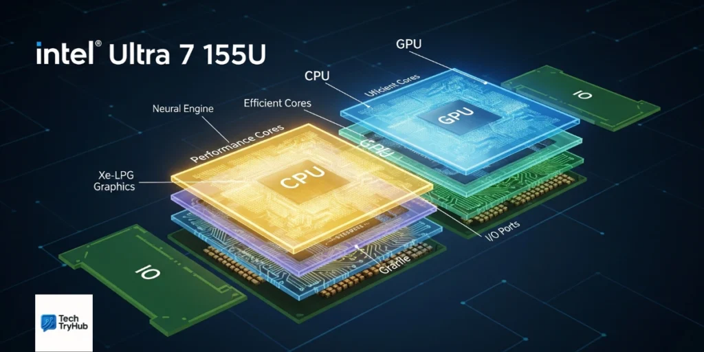 Intel Ultra 7 155U Meteor Lake chip design illustration.