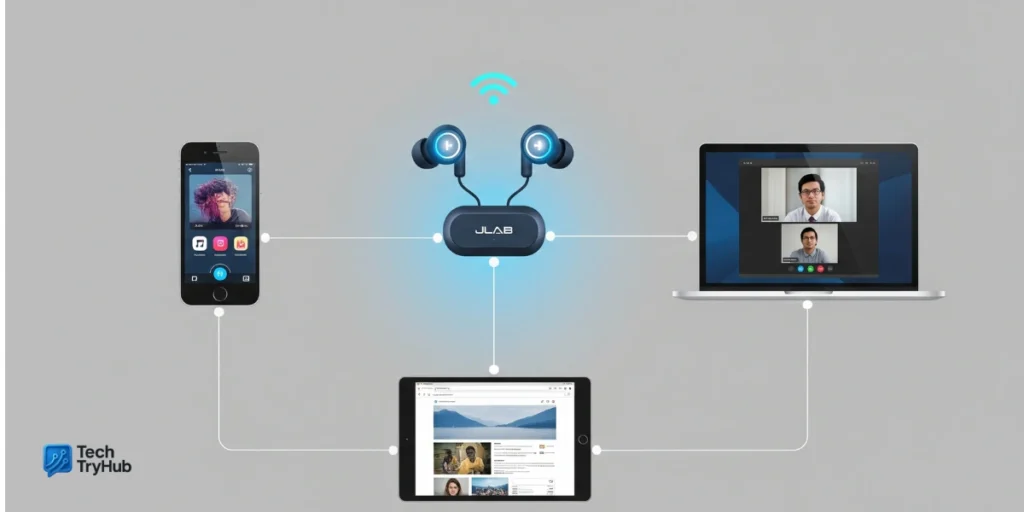 JLab earbuds pairing with phone and laptop via Bluetooth.