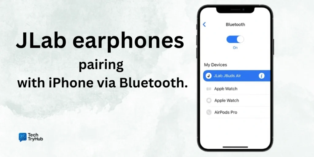 JLab earphones pairing with iPhone via Bluetooth.