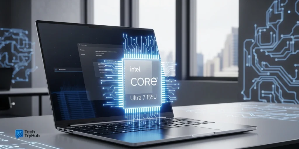 Laptop with Intel Core Ultra 7 155U hologram chip in a futuristic office setting.