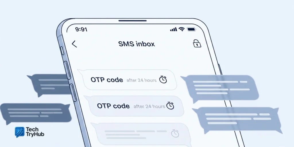 Smartphone showing OTP texts auto-deleting after 24 hours to keep inbox clean
