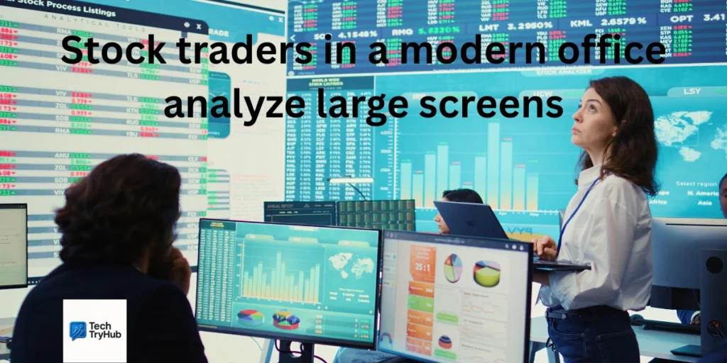 Stock traders in a modern office analyze large screens displaying financial data.