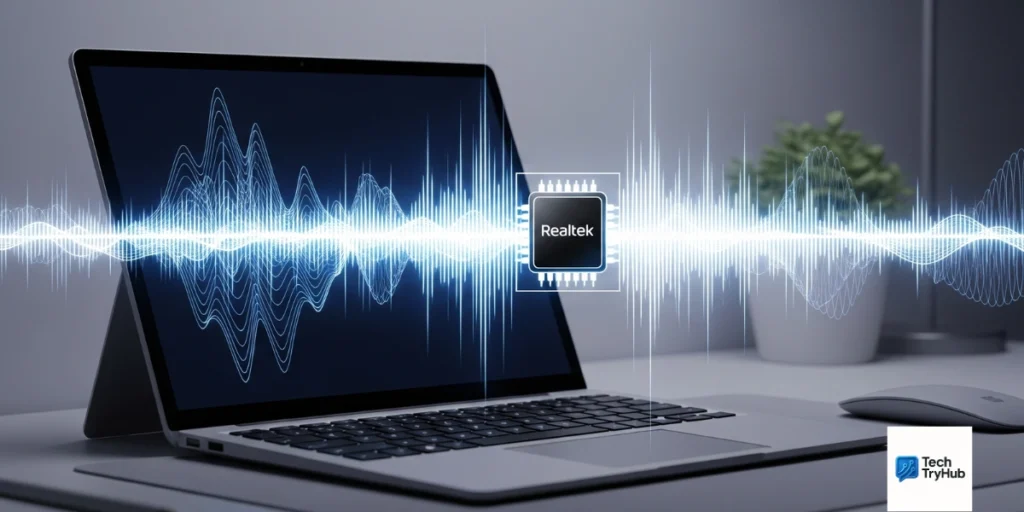 Surface Laptop 2 with Realtek audio chip and sound wave illustration.