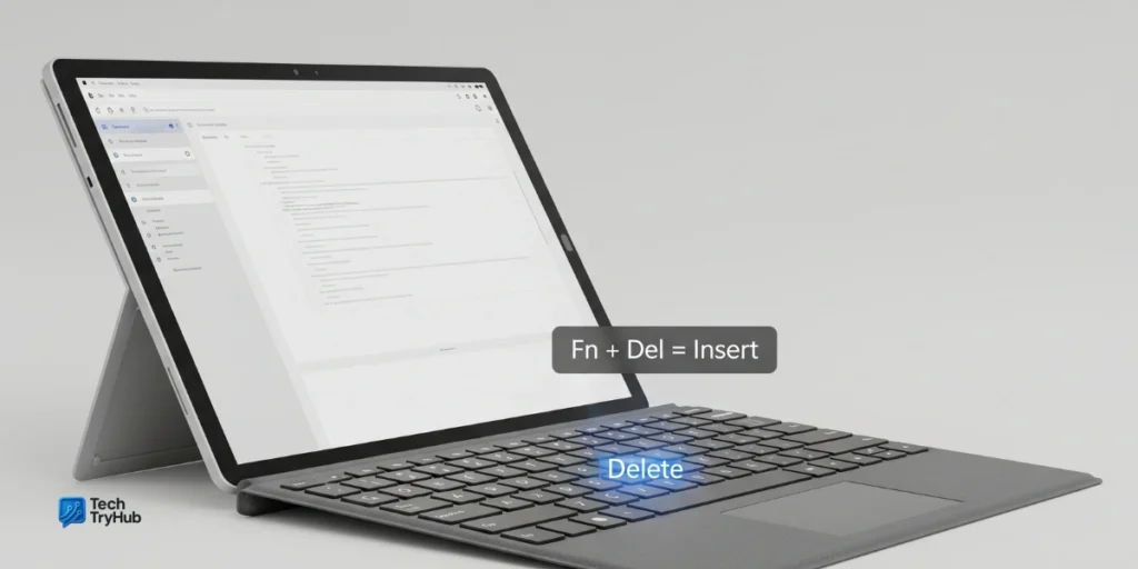Surface Pro Type Cover showing Fn + Del shortcut for Insert key
