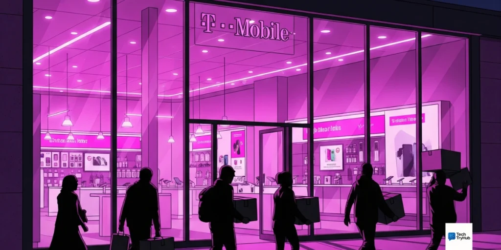 T-Mobile store glowing pink with employees facing layoffs.