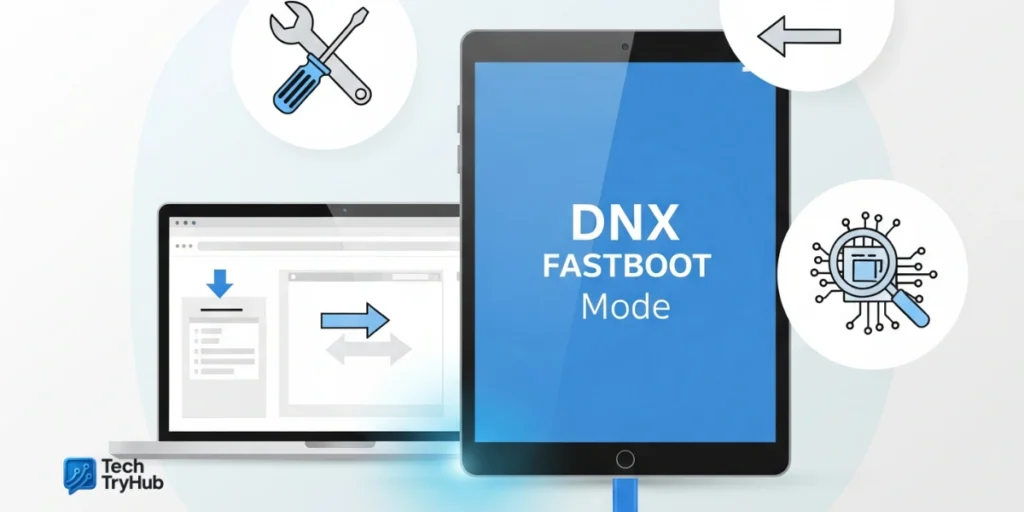 Tablet in DNX fastboot mode connected to PC with repair and recovery icons.