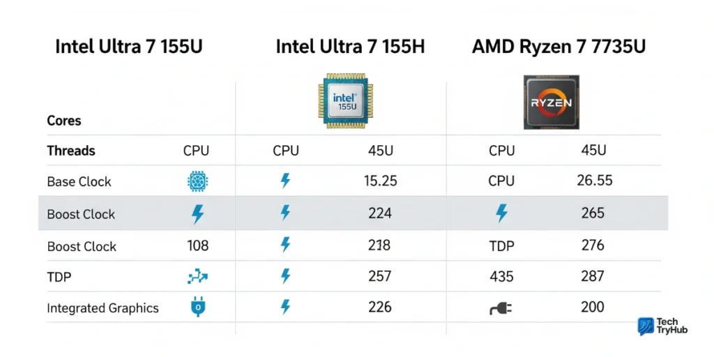 Ultra 7 155U compared to Intel 155H and Ryzen 7 CPUs