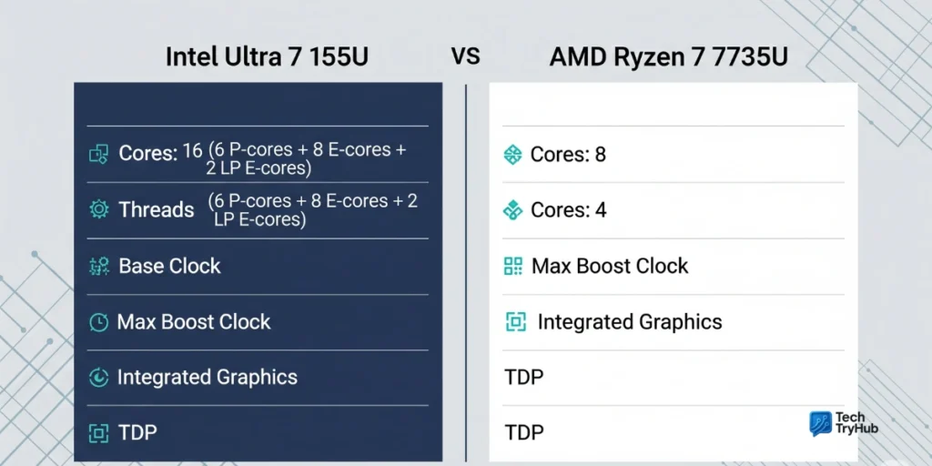 Ultra 7 155U vs Ryzen 7 7735U specs infographic