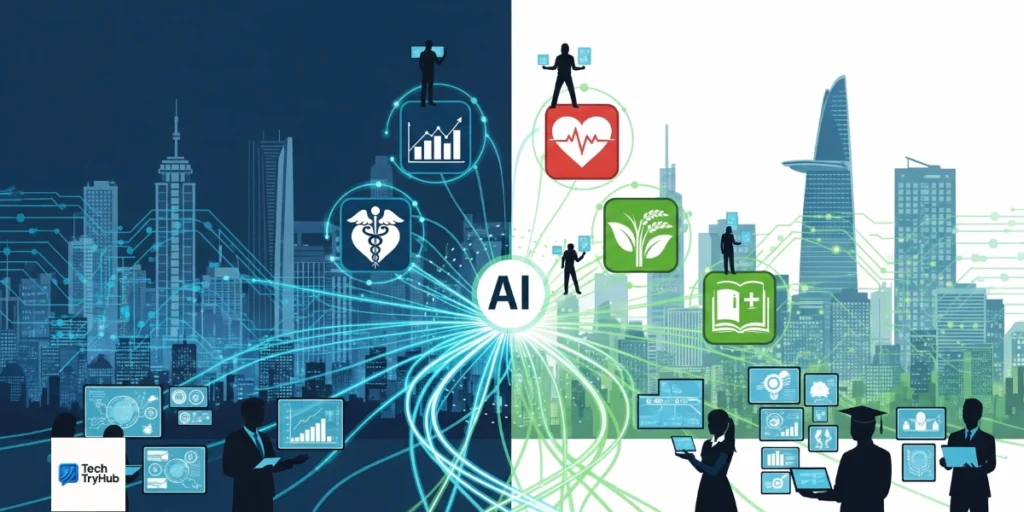 Vietnam’s AI transformation with city skyline, digital circuits, and industry icons.