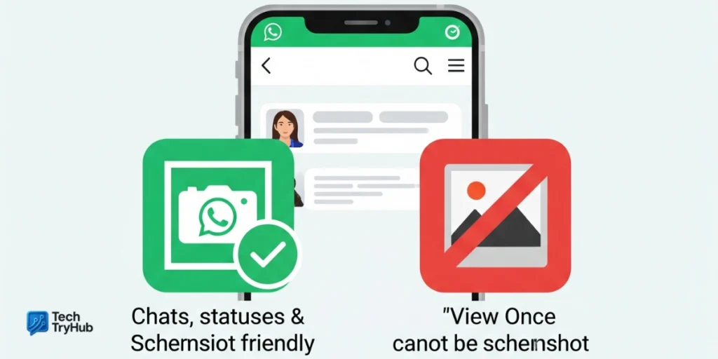 WhatsApp screenshot rules for chats, status, profile, and view once media