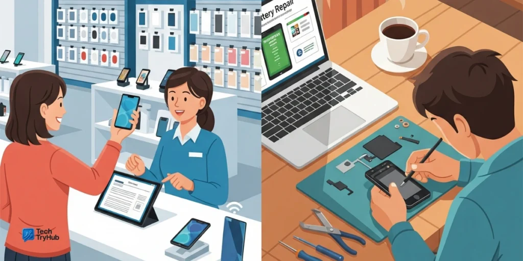 a woman buying a phone at a carrier store and a man repairing a phone at home.