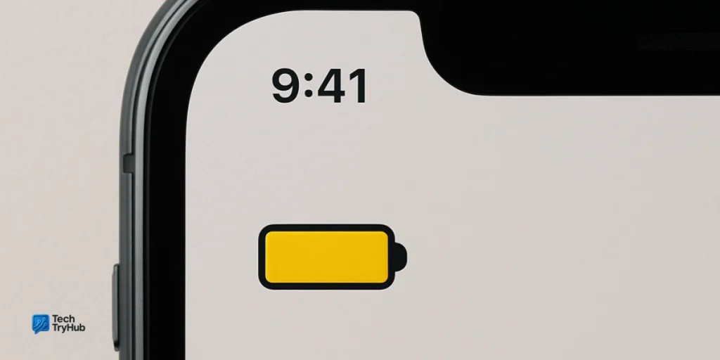 iPhone status bar showing a yellow battery icon for Low Power Mode