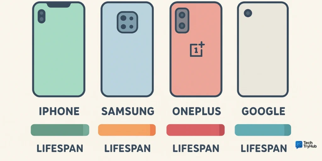 showing iPhone, Samsung, OnePlus, and Google phones with lifespan bars.