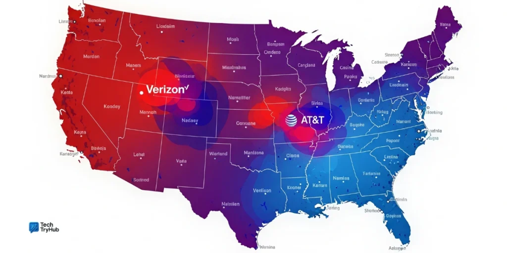 AT&T vs Verizon 5G and LTE coverage map comparison.