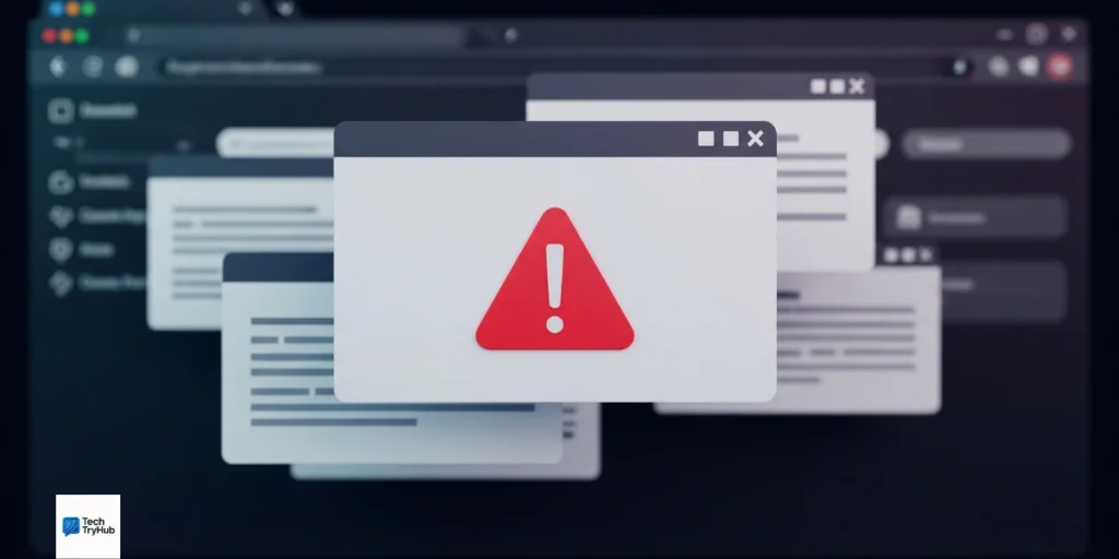 Browser with pop-ups and warning overlay.