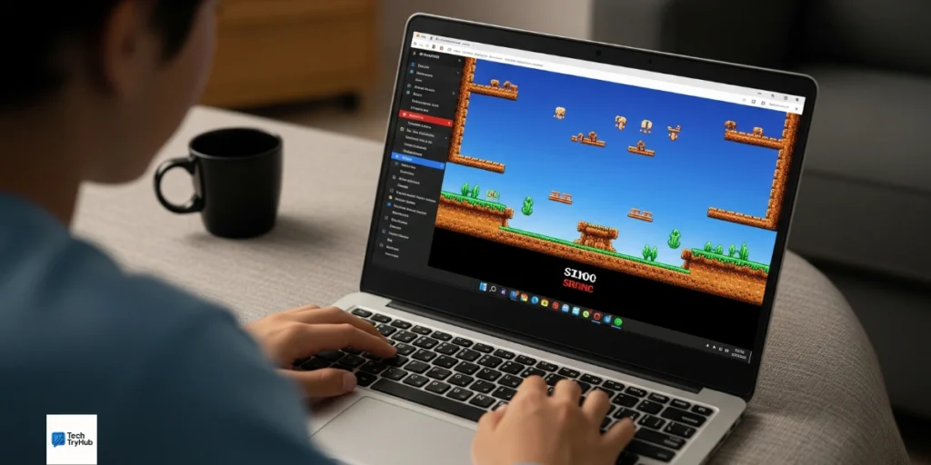 Chromebook running RetroArch emulator with retro game.