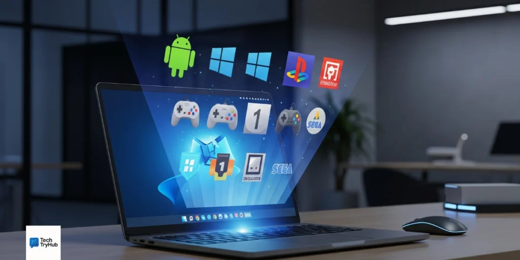 Chromebook running multiple emulators including Android, Windows, and retro gaming icons