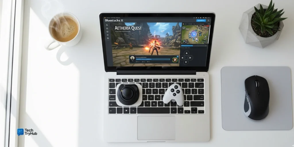 Chromebook using Bluestacks X Android emulator for gaming.