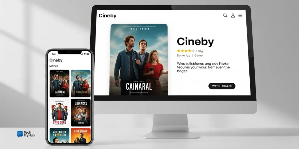 Cineby app homepage on phone and desktop.