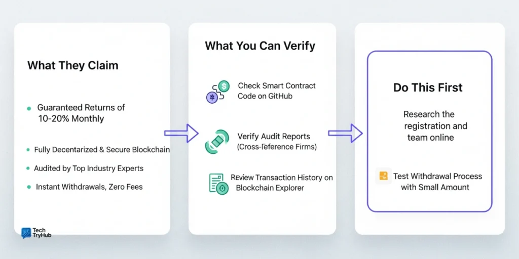 Comparison chart showing Crypto-Legacy.app claims on the left, verification steps in the middle, and an action box on the right. Claims include things like automated trading, portfolio management, and secure investment features. The verification column ex
