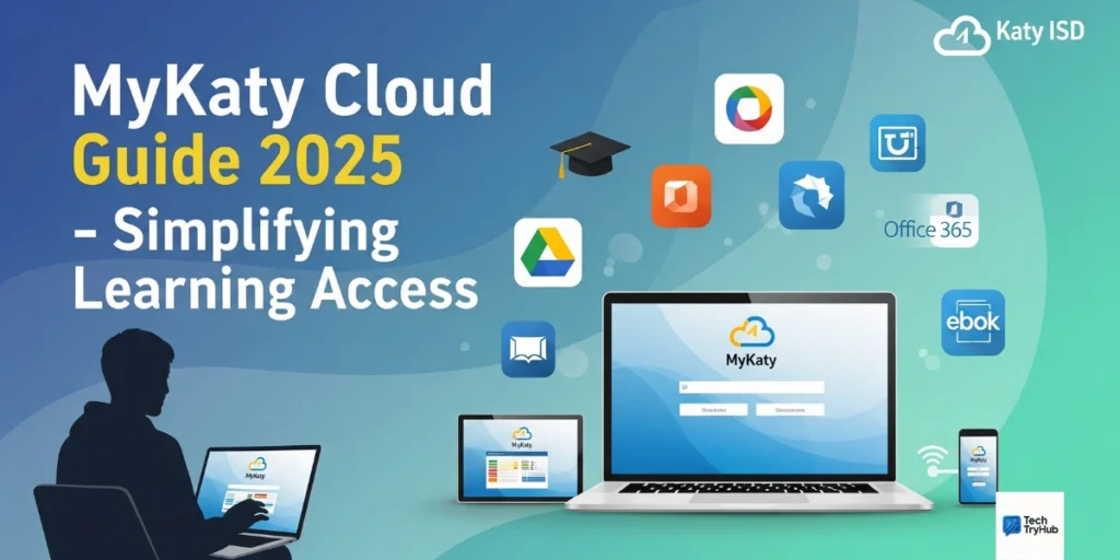 Cover image showing MyKaty Cloud login portal with educational app icons and students accessing resources across devices