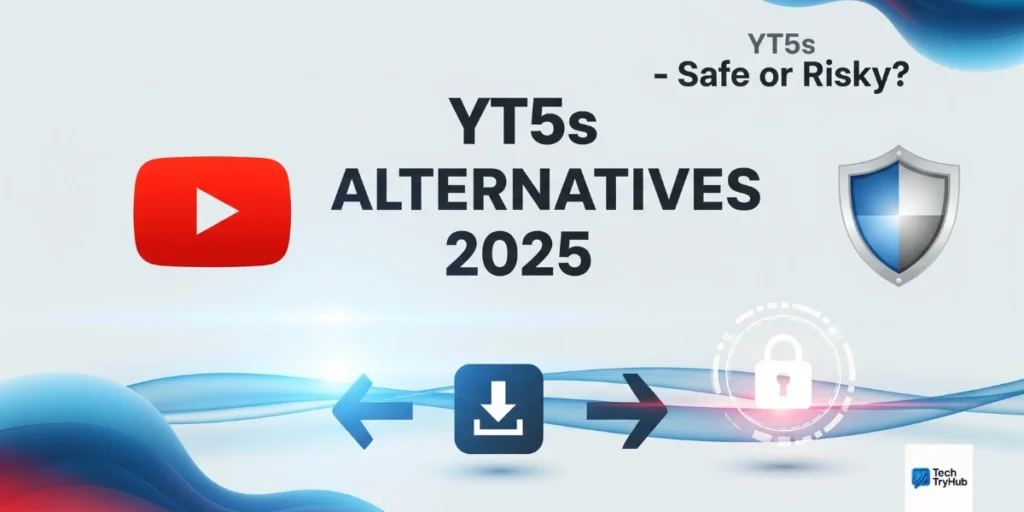 Cover image showing YouTube download and safety icons with bold text 'YT5s Alternatives 2025' in a modern tech design.