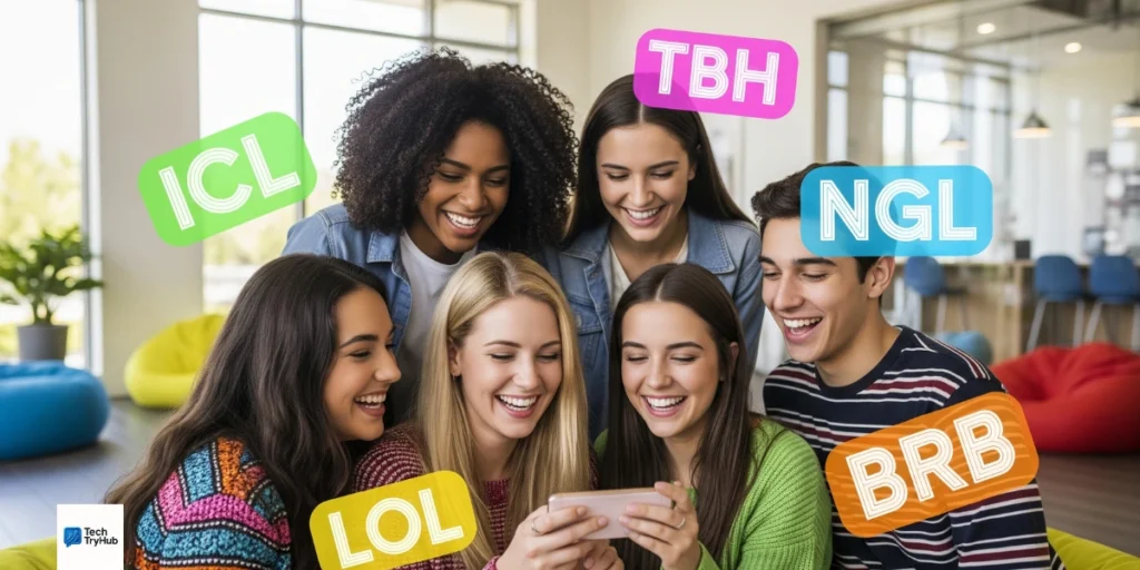 Gen Z friends using slang acronyms like ICL, TBH, and NGL while looking at a phone