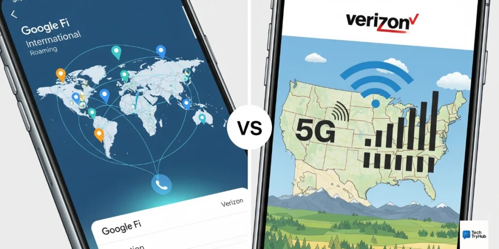 Google Fi vs Verizon split-screen showing global travel and U.S. 5G coverage