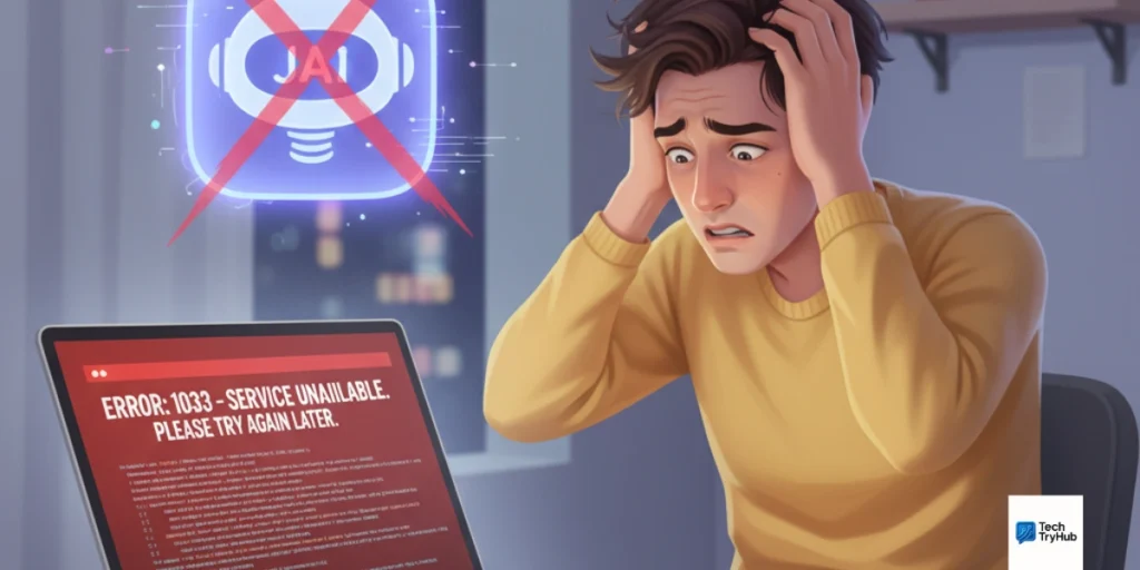 Illustration of Janitor AI error 1033 on a laptop screen with a chatbot icon in the background.