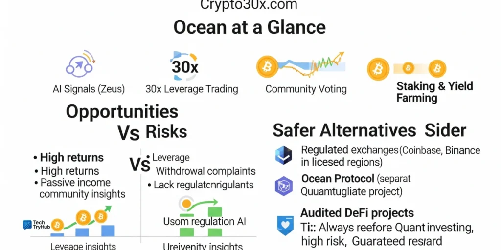 Infographic overview of Crypto30x.com Ocean features, opportunities, risks, and safer crypto trading alternatives