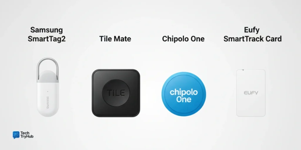 Infographic showing Airtag alternative trackers Samsung SmartTag2, Tile Mate, Chipolo, and Eufy