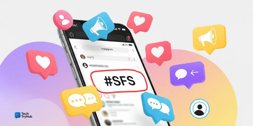 Instagram phone screen with #SFS hashtag and social media icons