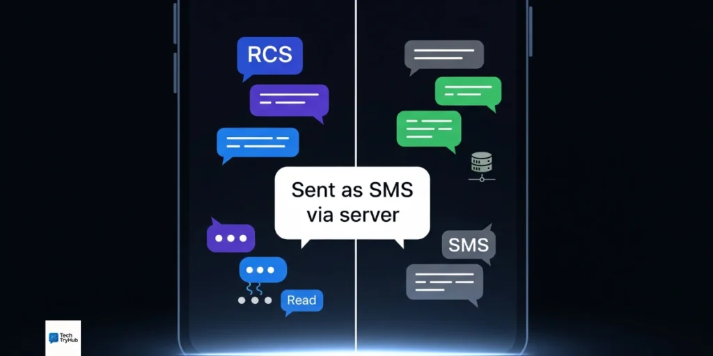 Phone screen showing Sent as SMS via server message with RCS vs SMS illustration